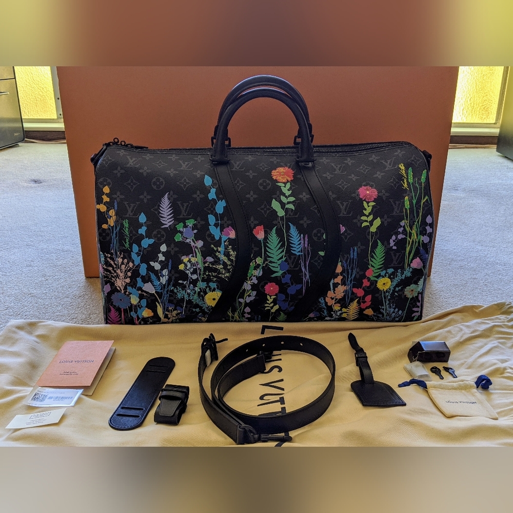 Louis Vuitton Monogram Eclipse Foliage Keepall Bandouliere 50